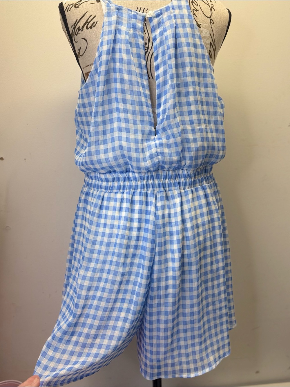 Altar’d State Blue White Gingham Halter Romper XL Ruffle Hem Lined Summer - Picture 6 of 15